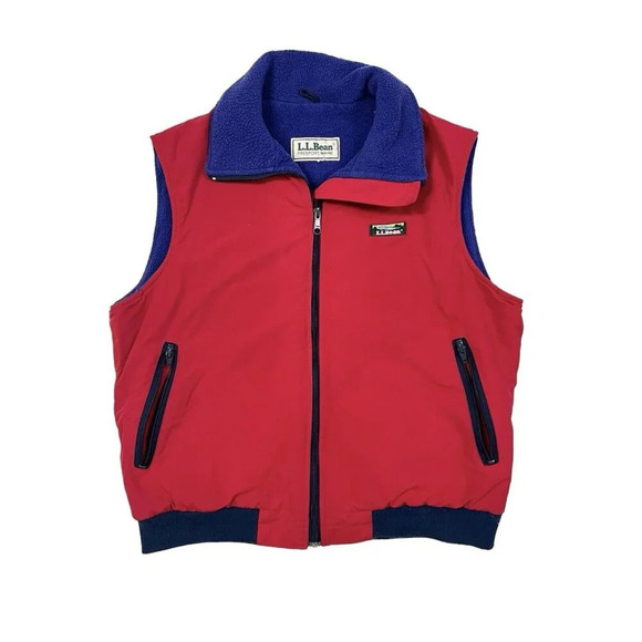 Vtg LL Bean Red Nylon Purple Fleece Lined Ski Winter Vest USA Made Med Large 90s - Picture 1 of 12